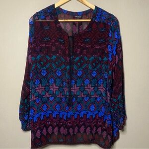 Lucky Brand Geometric Sheer Peasant Top Women 2X Burgundy Teal Southwestern Flaw